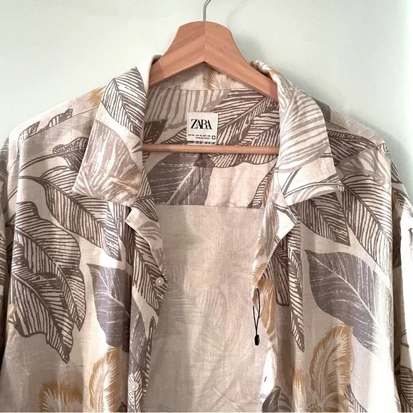 ZARA Linen Blend Leaf Printed Short Sleeve Shirt NWOT - Picture 7 of 10